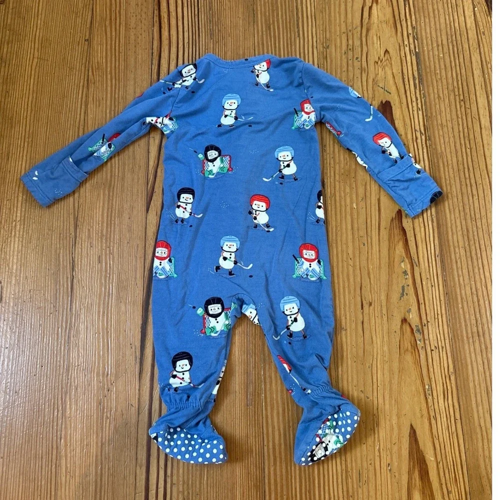 Angel Dear Footie Sleeper Kids Blue Hockey Snowman Bamboo Pajamas SIZE 0-3M